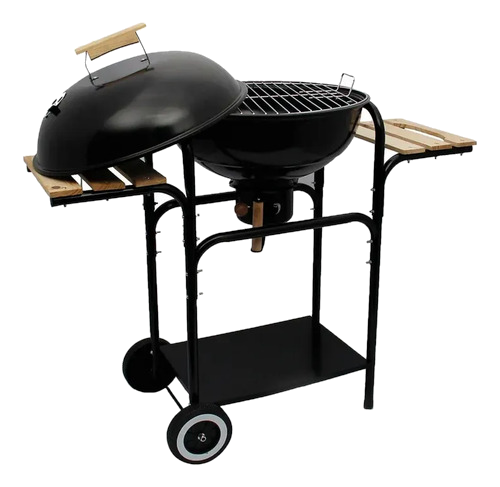 Asador de carbón portátil con mesas laterales y ruedas